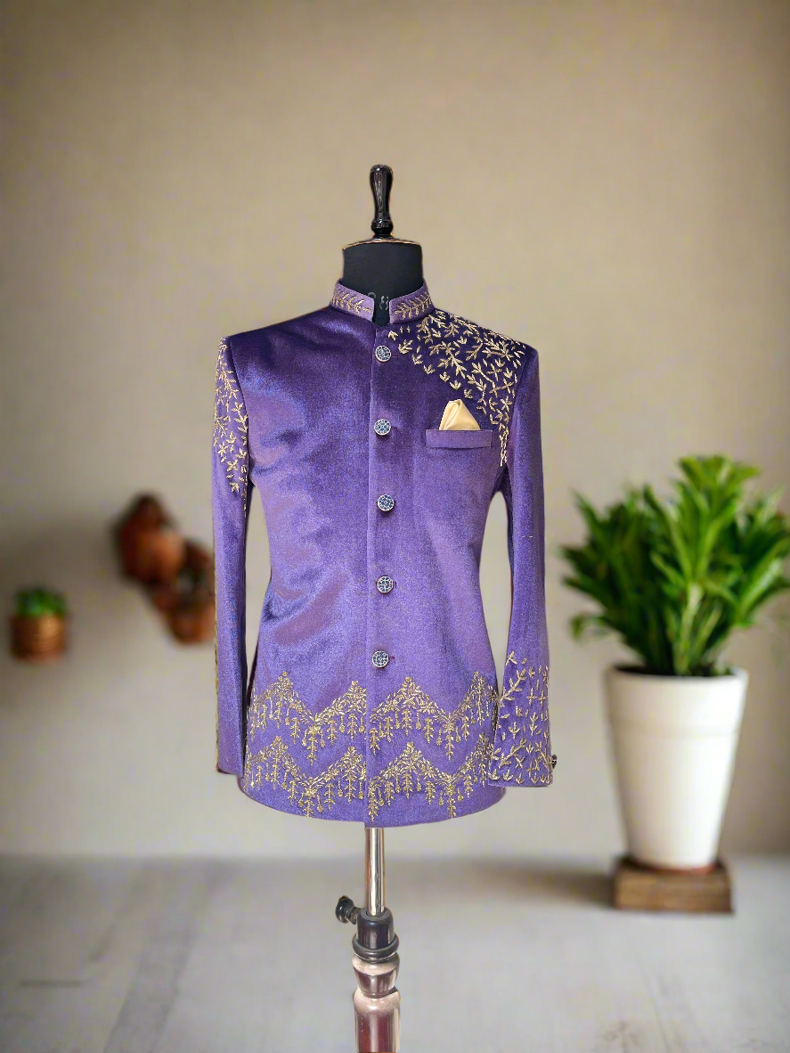 Men's exclusive purple Jodhpuri set with Zardozi embroidery