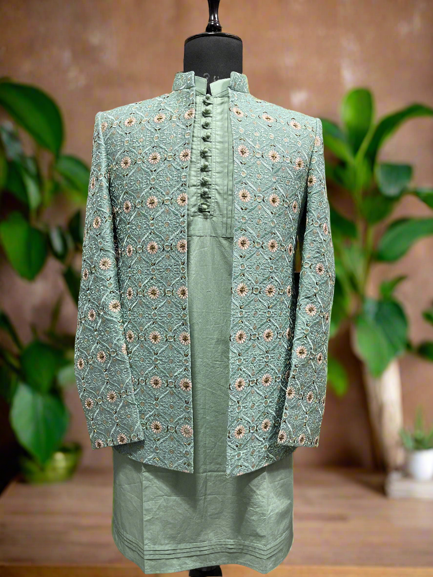 Men's exclusive silk handcrafted embellished open shrug set with luxurious detailing.
