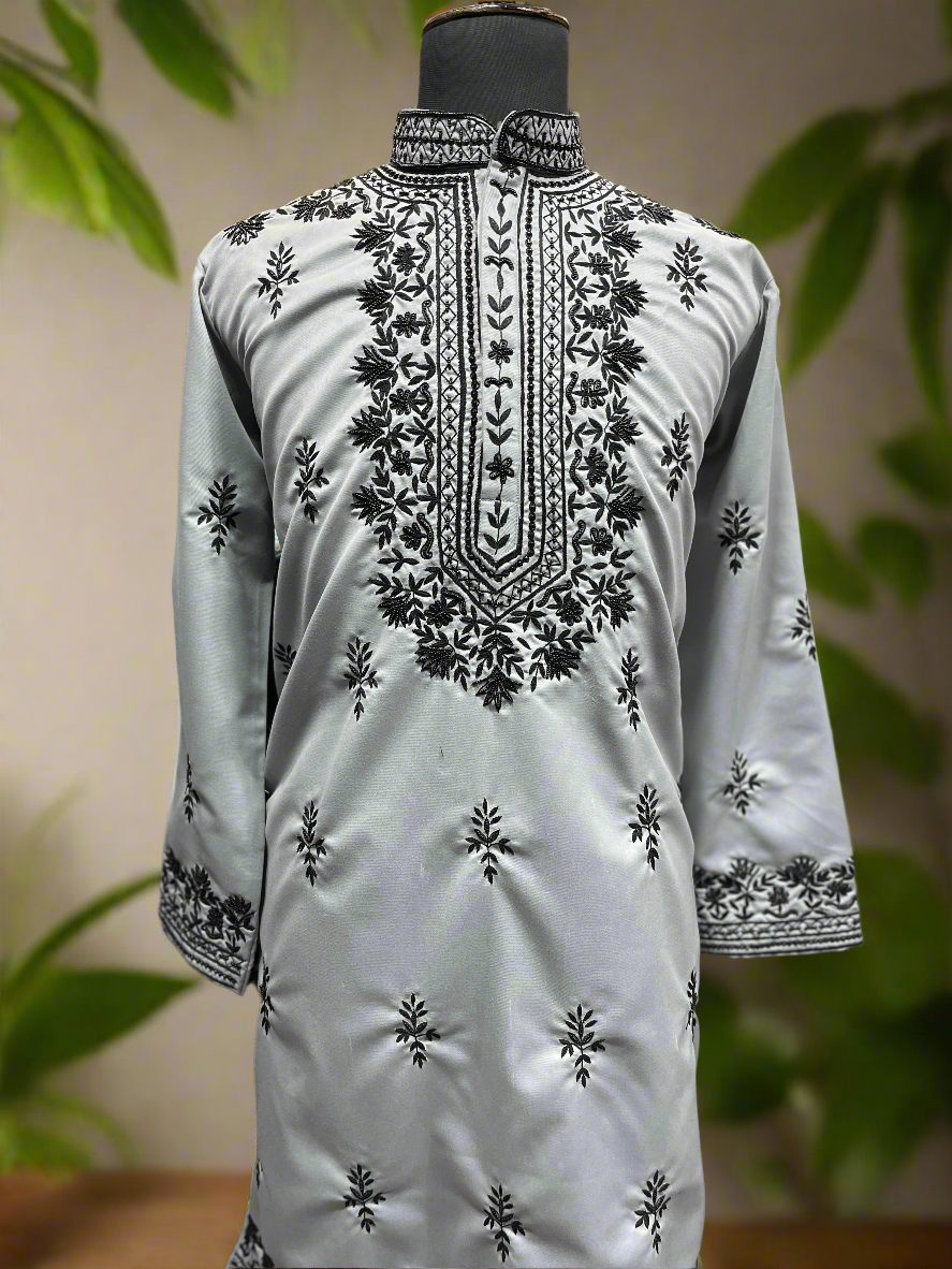 Men's gray kurta set with handcrafted full embroidery.