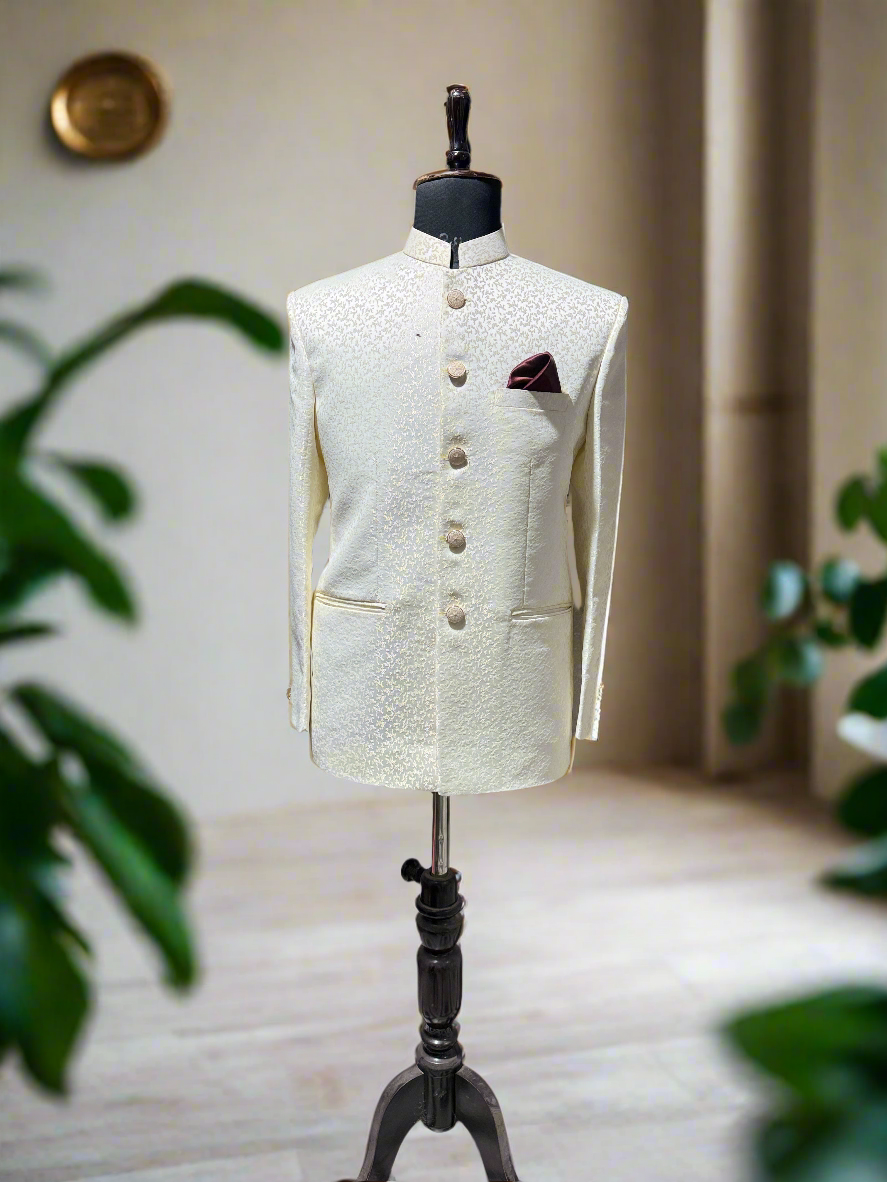 Men's ivory Jacquard Jodhpuri Bandhgala suit