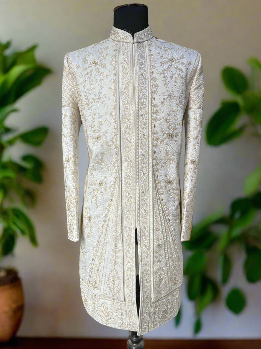 Men's ivory double-layer sherwani with zipper pant