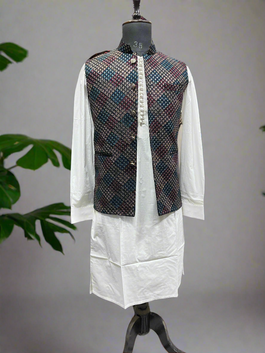 Men's multi-color waistcoat set with kurta and pants

