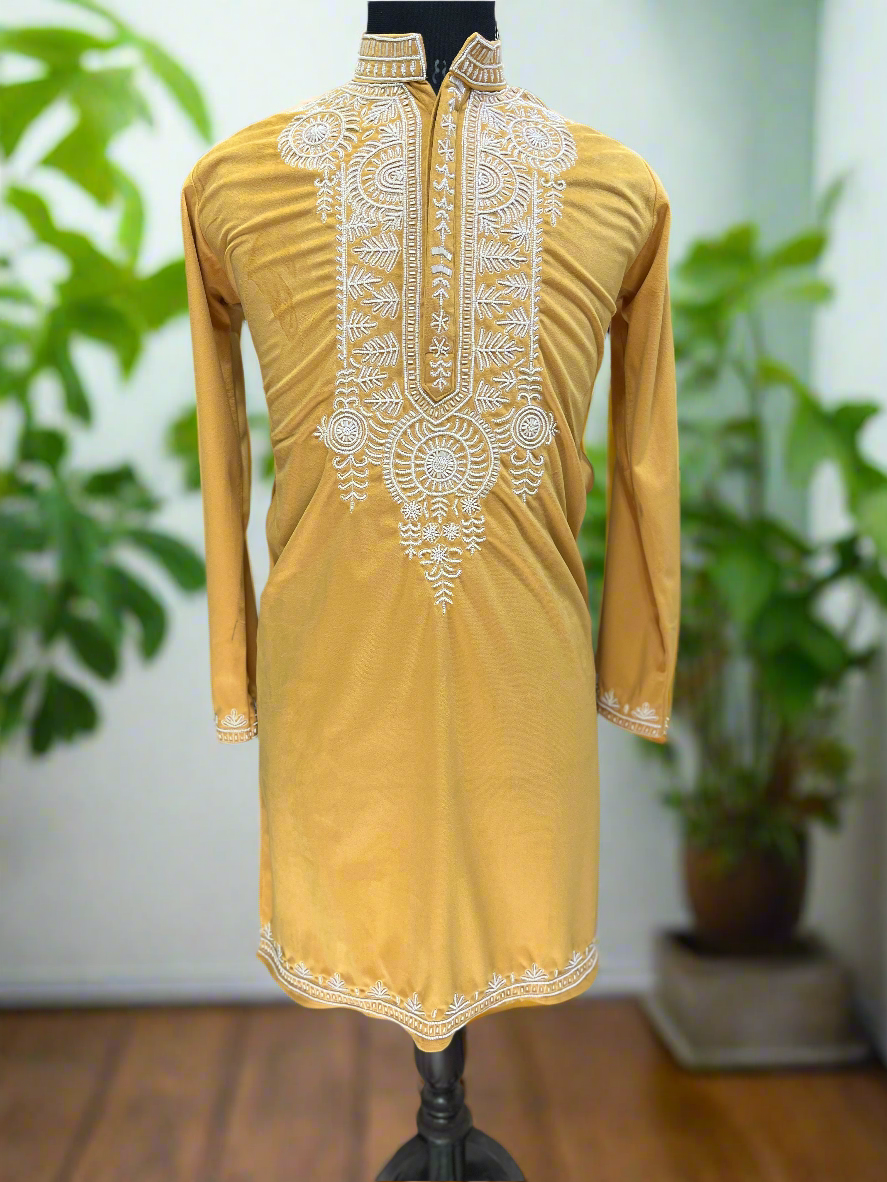 Men's mustard velvet kurta with handcrafted beadwork
