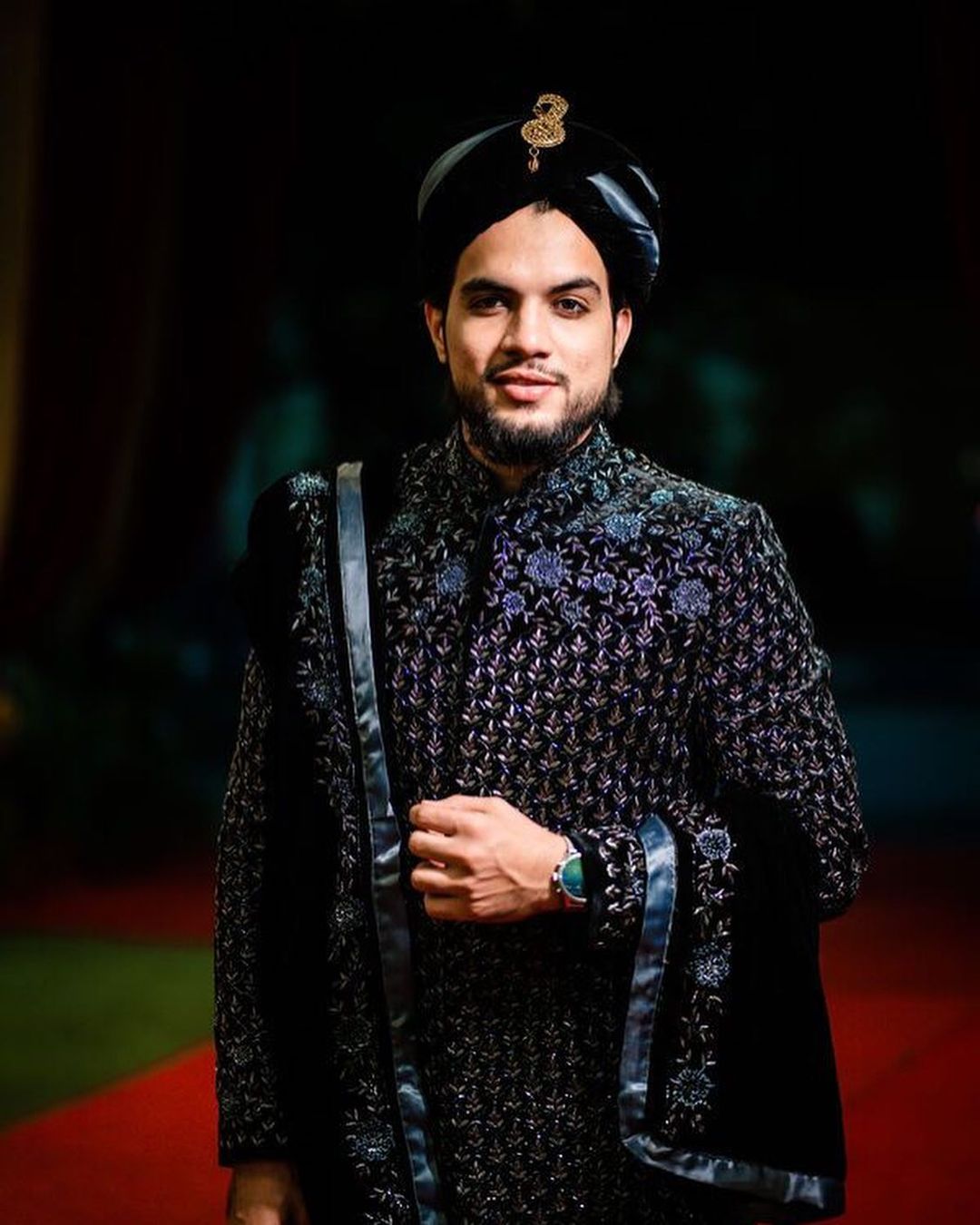 Men's Navy Blue Handcrafted Velvet Wedding Sherwani with Shawl Padgi – Exclusive Groom Outfit – KPH Outfits