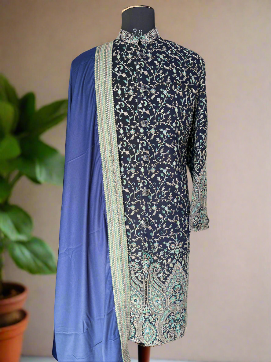 Men's navy blue sherwani with intricate Kalamkari embroidery