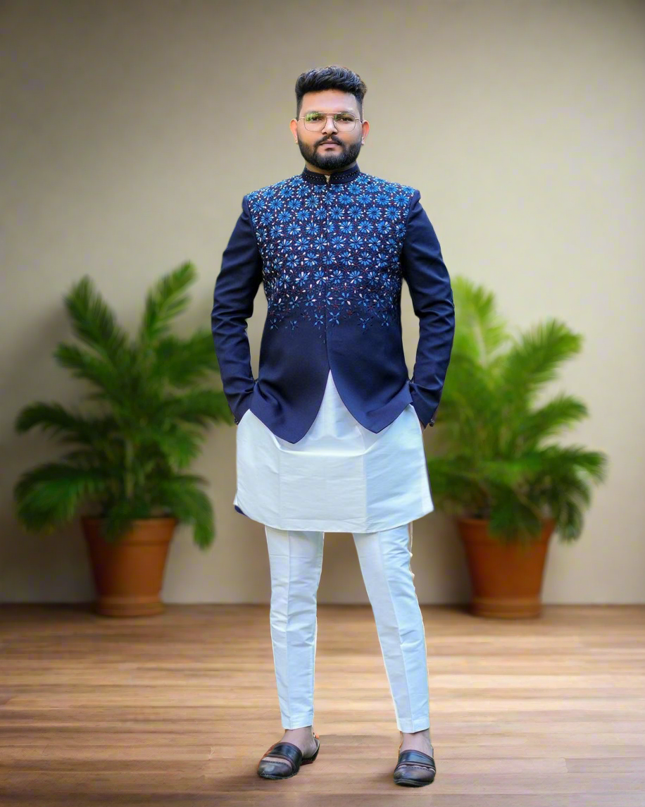 Men's navy multi-colour embellished Jodhpuri set