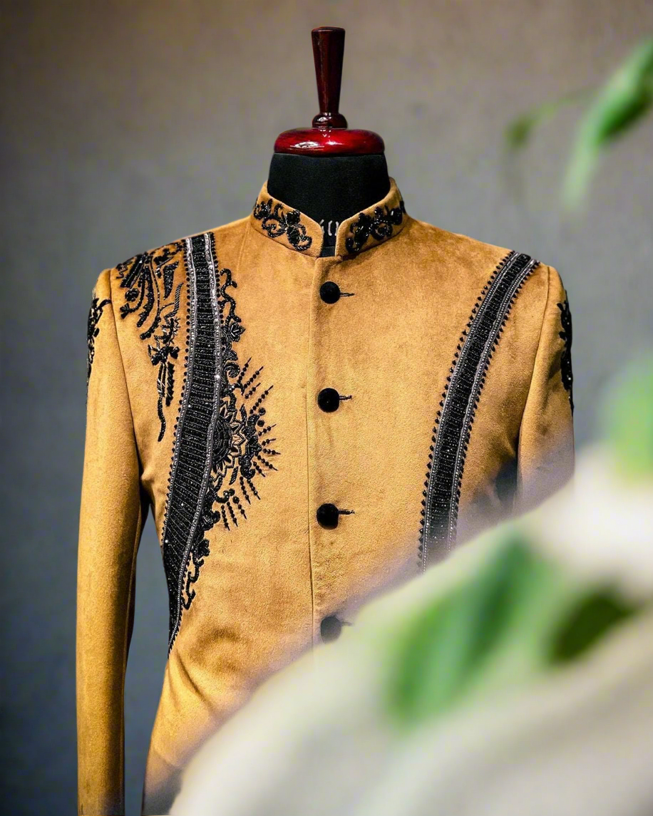 Men's royal gold embellished Jodhpuri with detailed embroidery