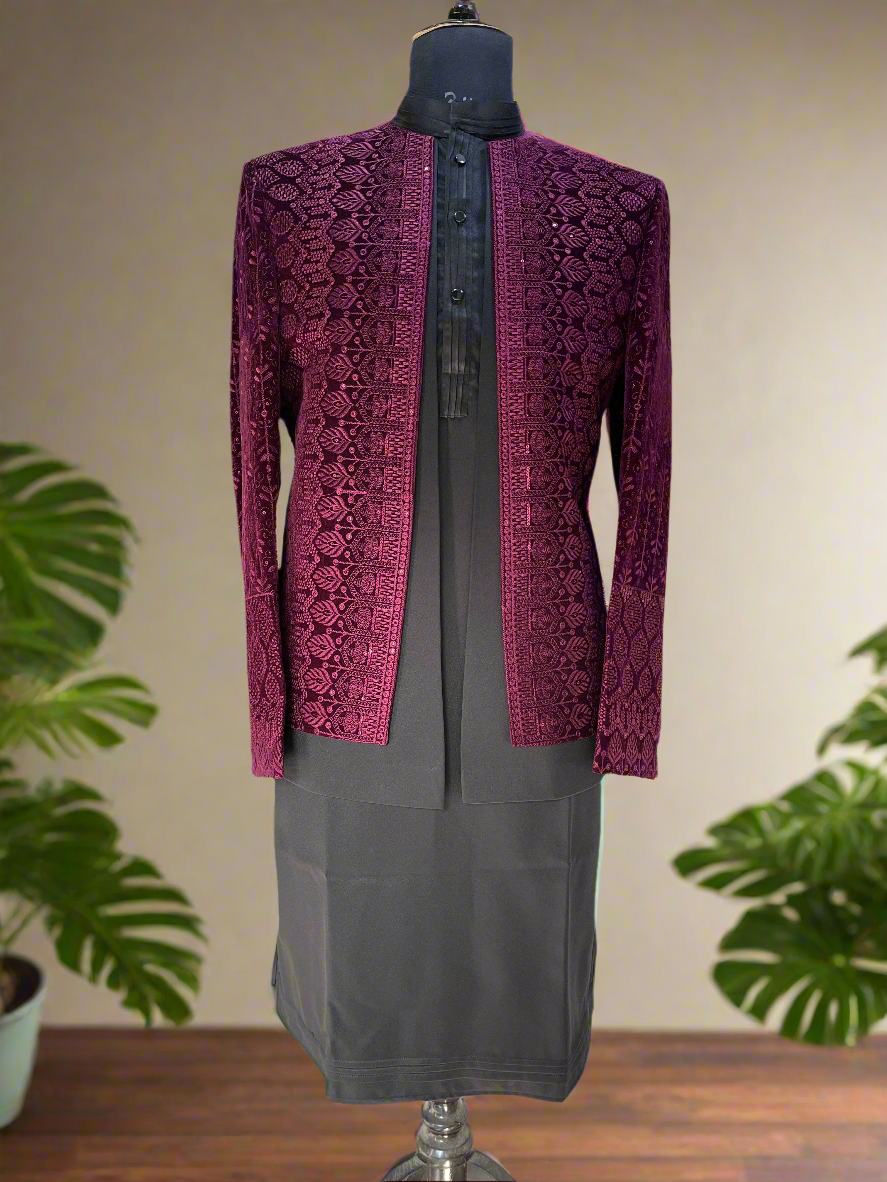 "Men's wine double layer groom open shrug set - KPH Outfits"
