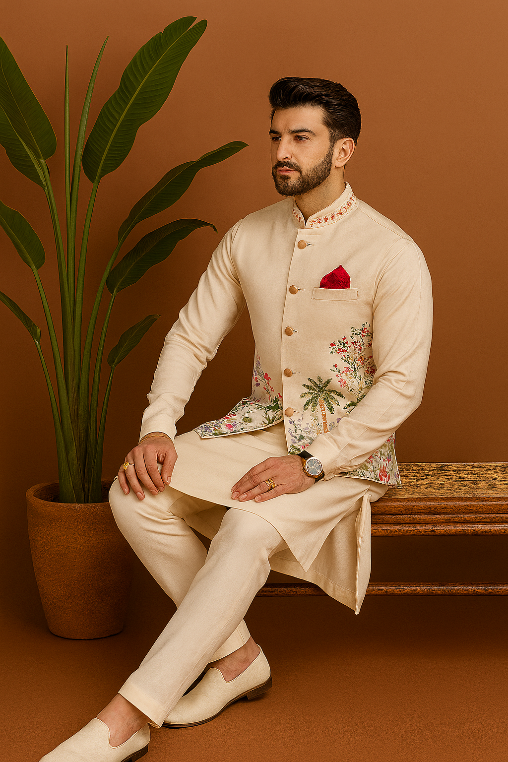 “Model seated wearing Ivory Silk Multi Colour Embellished Bundi Set – handcrafted silk kurta pant and koti”