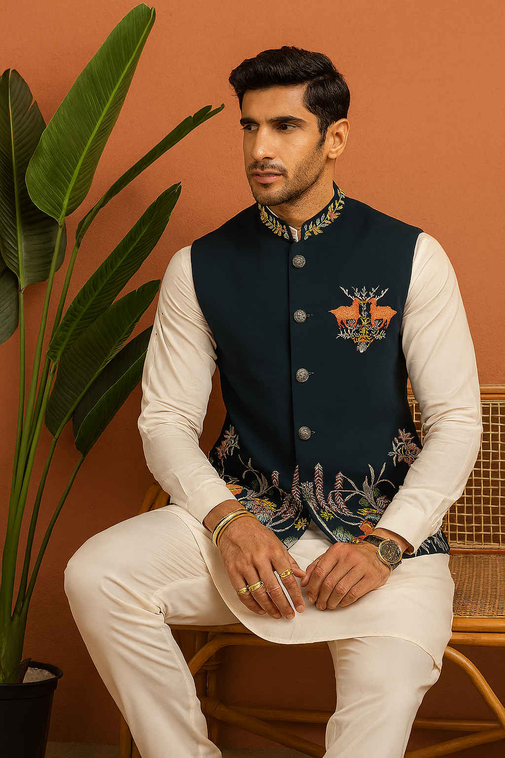 “Model seated wearing Men’s Exclusive Designer Navy Blue Bundi Set – handcrafted silk kurta pant and bundi”