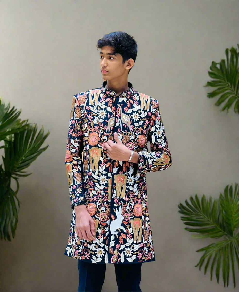 Model wearing the Indo-western set at a vibrant Sangeet night celebration.