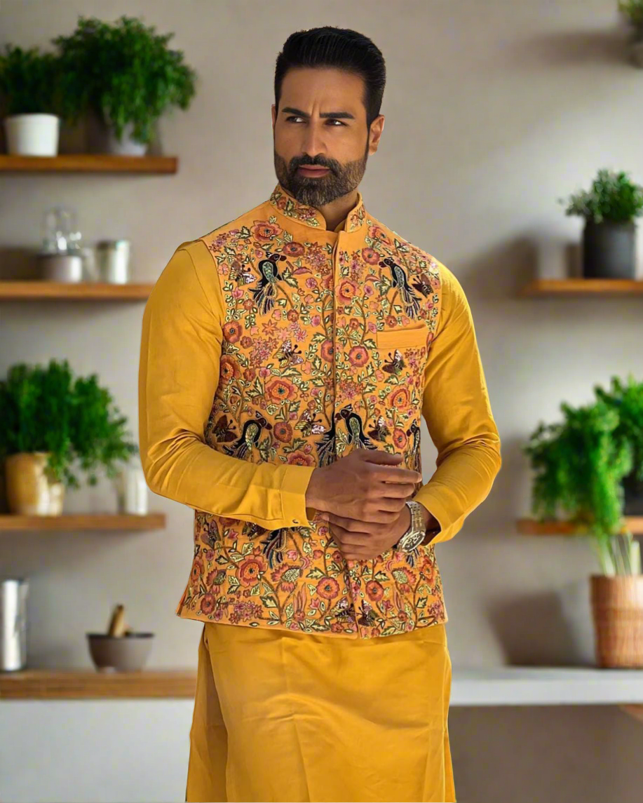 Mustard Bandhgala Waistcoat Set with kurta and pants
