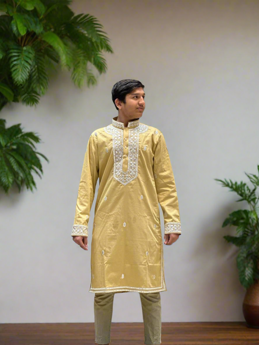 Mustard Haldi special kurta set with modern embroidery.