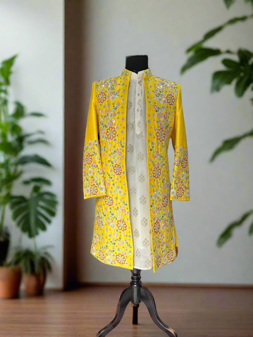 Mustard silk Indo-Western set with handcrafted design.