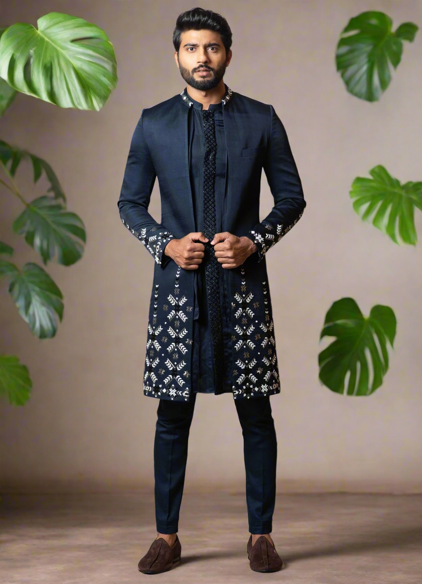 Navy Blue Indo-Western Set front view.
