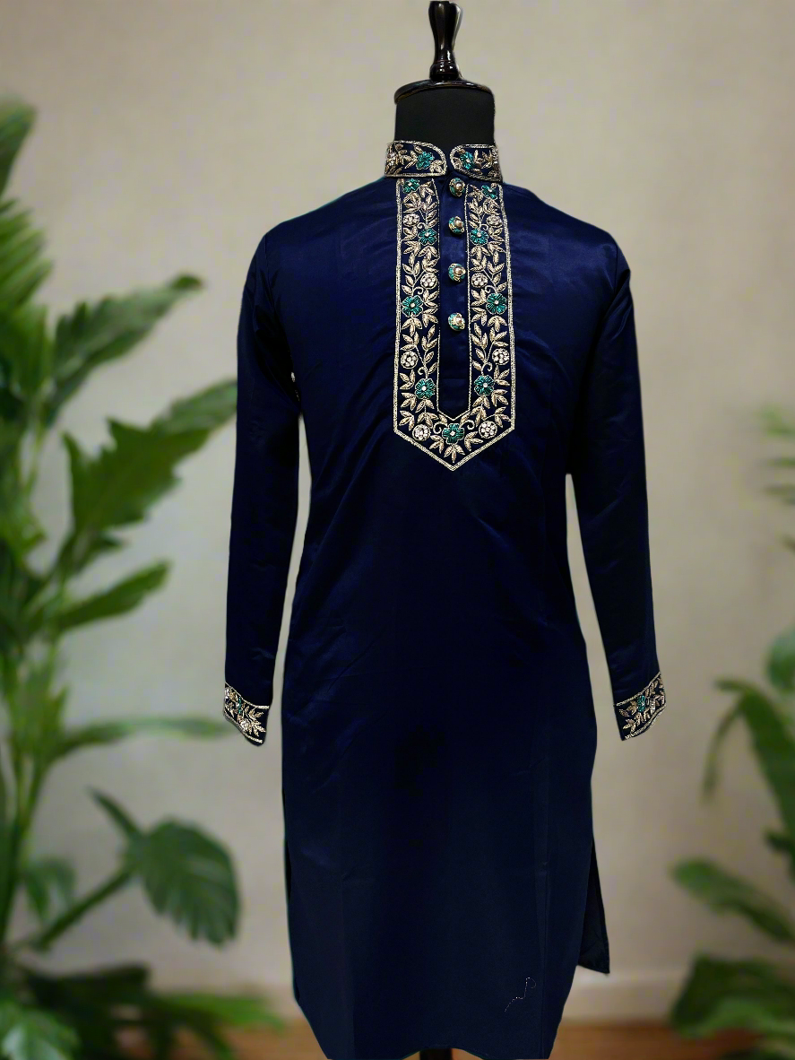 Navy blue satin kurta set with Zardozi embroidery for men.