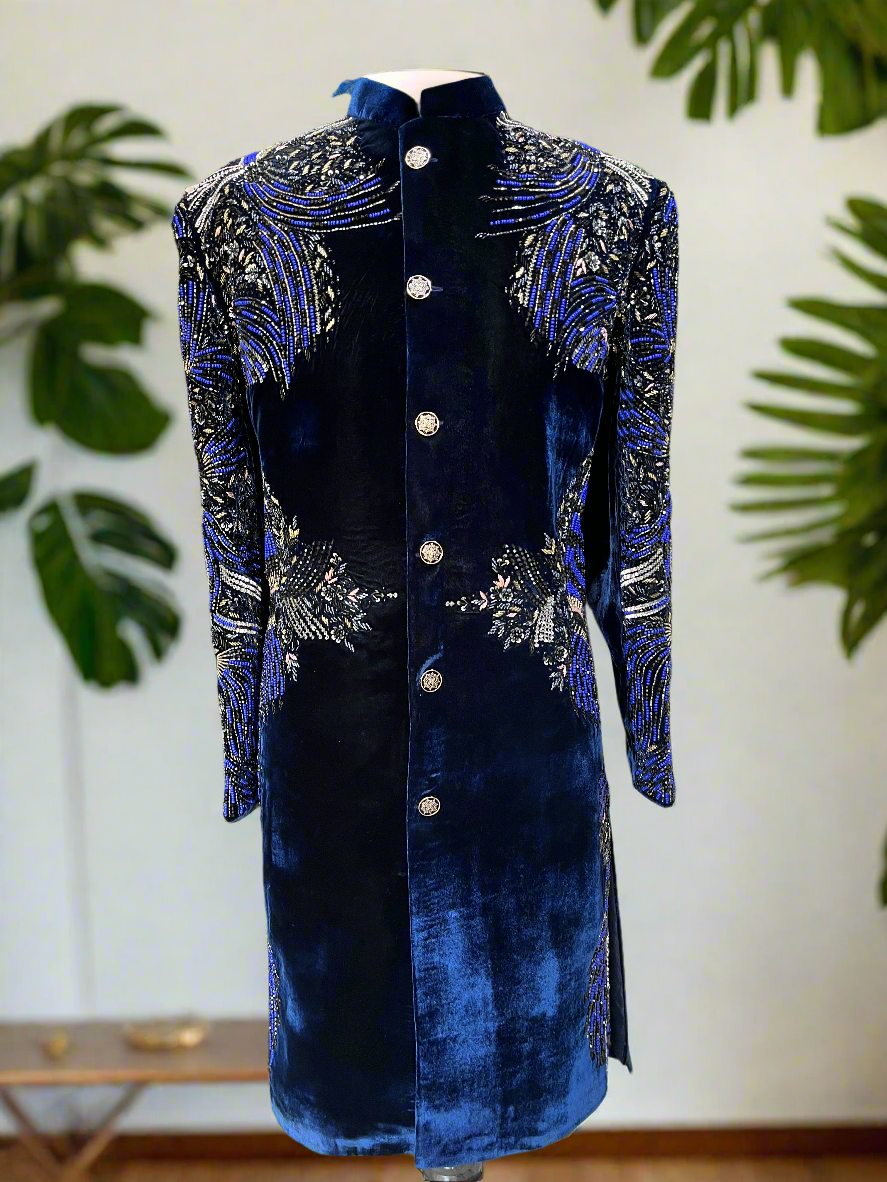 Navy blue velvet 2-piece sherwani with 6-button design