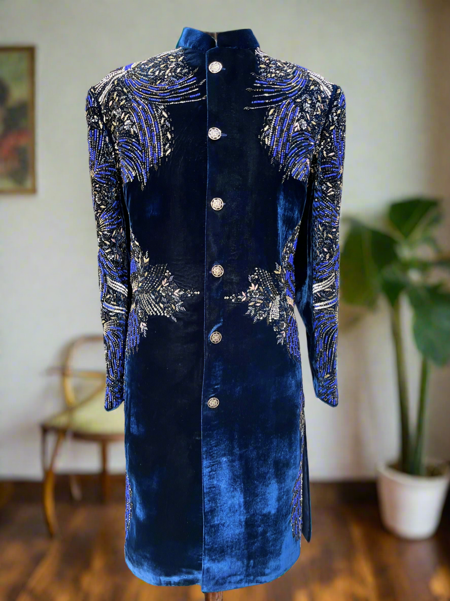 Navy blue velvet embellished sherwani set with matching pants