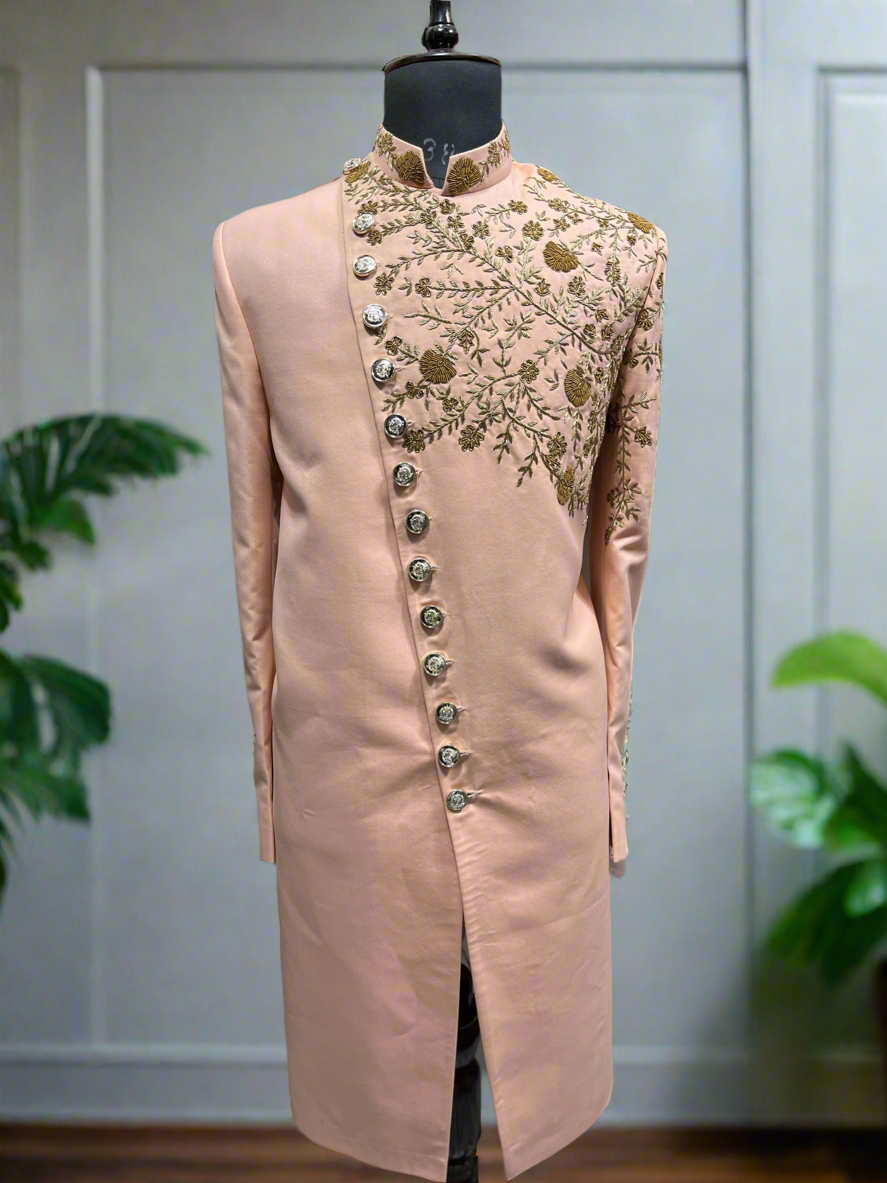 Peach handcrafted Zardozi sherwani set for men