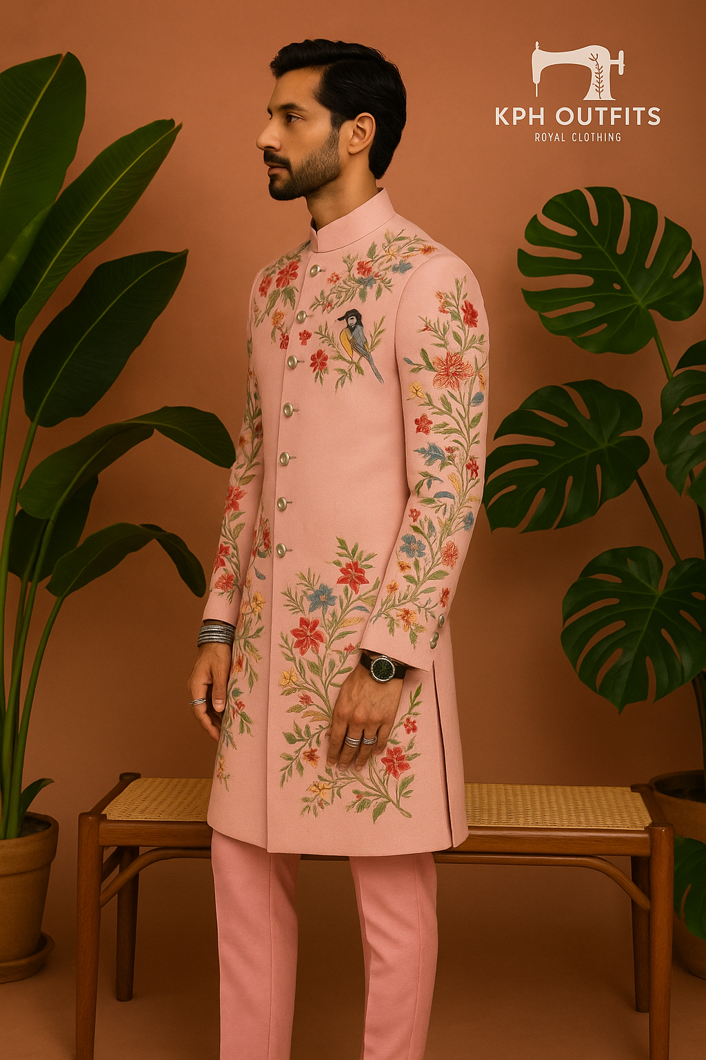 Peach silk multi embroidery sherwani set in luxury raw silk
