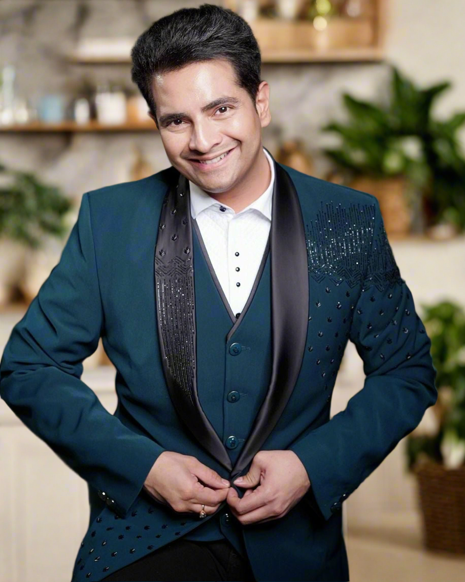 Peacock Green Handcrafted Cut-Work Tuxedo Suit for Men KPH