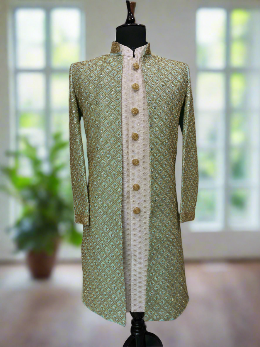 Pista Handcrafted Sherwani Set with Golden Embroidery
