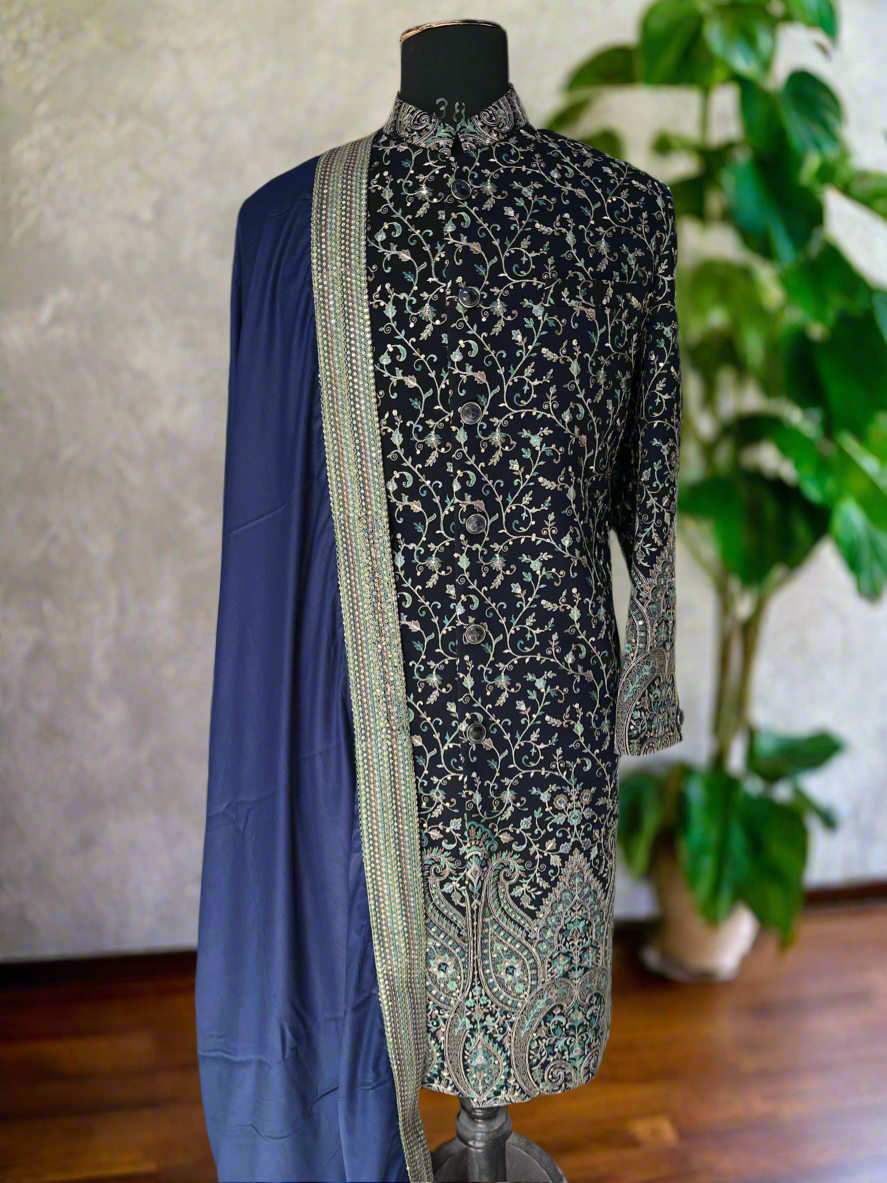 Premium Kalamkari thread embroidery men’s sherwani for weddings