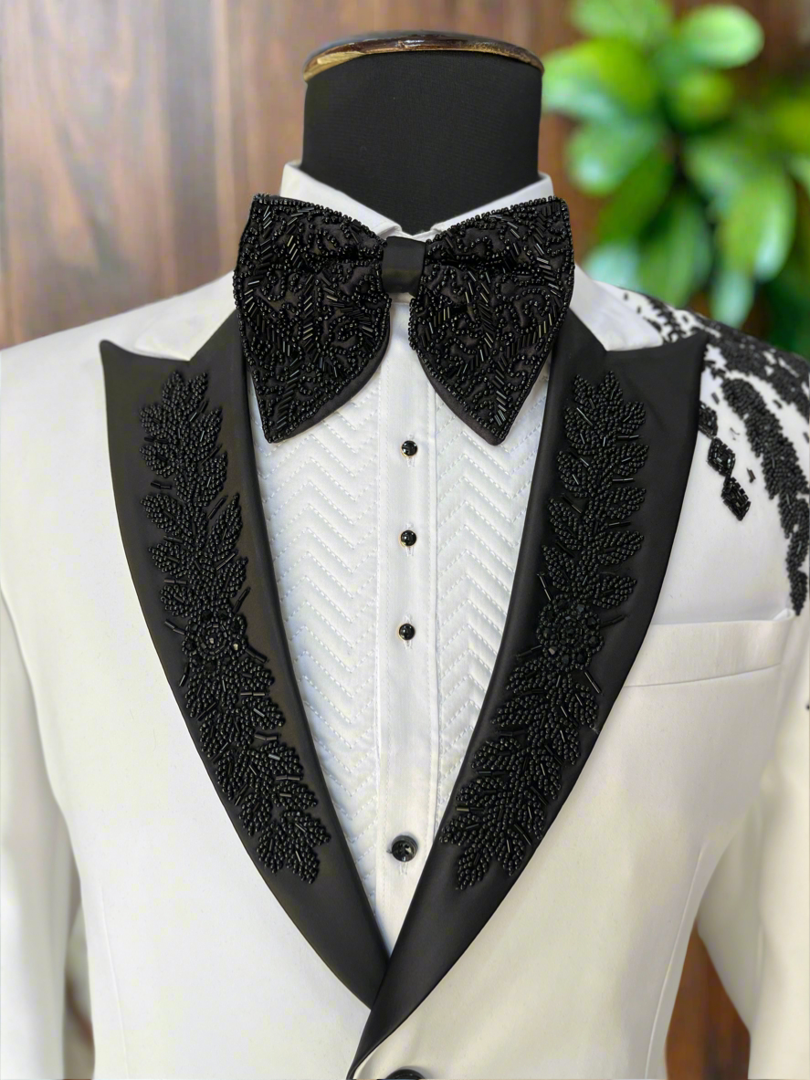 Premium White Men's Tuxedo with Intricate Cut Dana Work and Tailored Fit