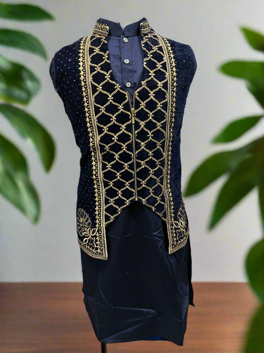 Premium handcrafted Nehru jacket set in navy blue with kurta and pajama
