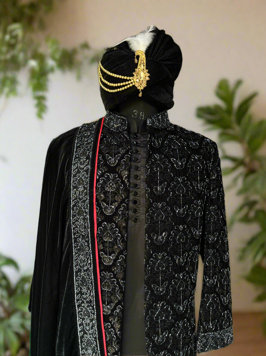Premium handcrafted black velvet sherwani with pant-style pajama