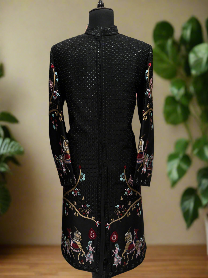 Rath pattern designer black silk sherwani with intricate embroidery