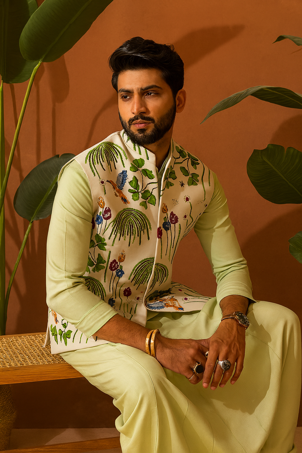 “Seated pose of Men’s Exclusive Designer Stylish Waistcoat Set – kurta pant and embellished waistcoat”