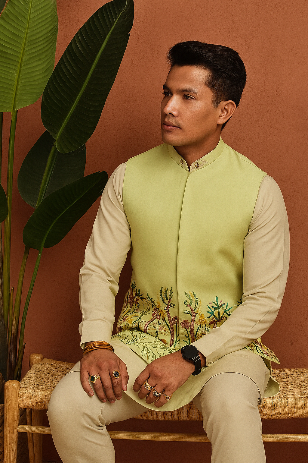 “Seated pose showcasing Men’s Exclusive Designer Bundi Set – kurta pant with Bundi in silk”