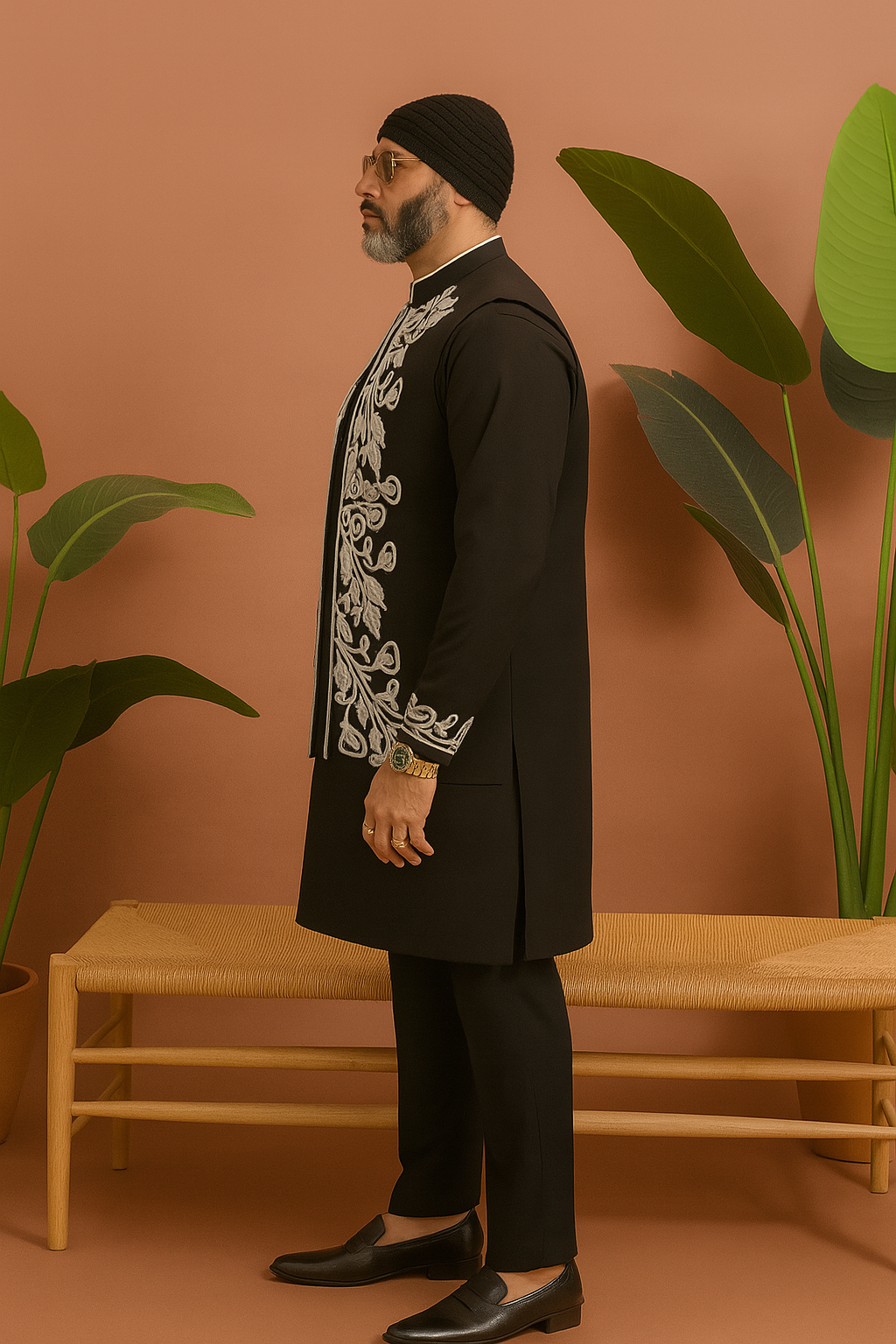 “Seated view of Mayank Chawla Inspired Waistcoat Set showing details”