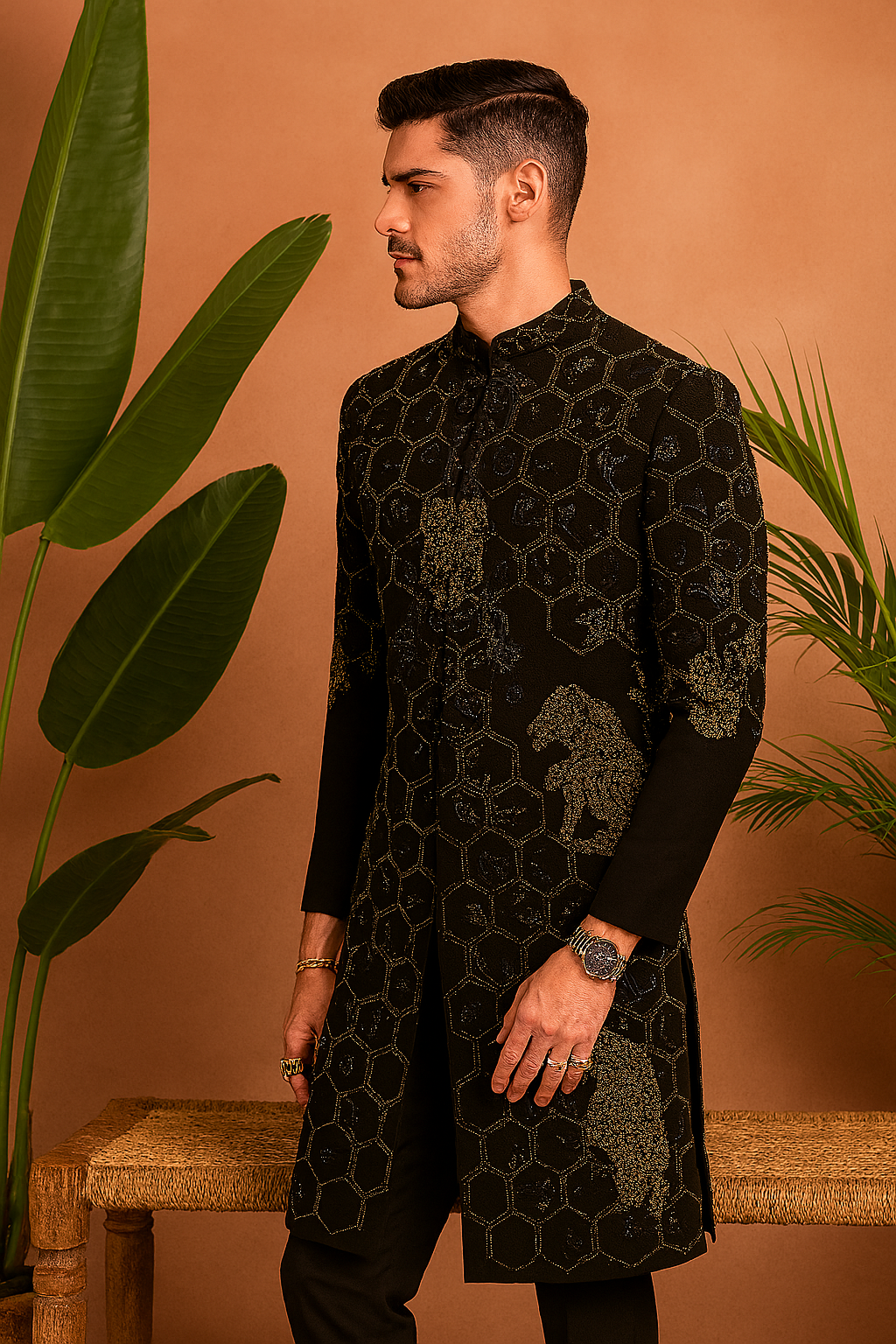 Semi-side view of Black Sherwani with intricate detailing
