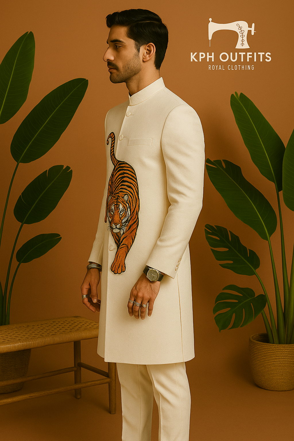 Side angle of luxury wedding sherwani for groom