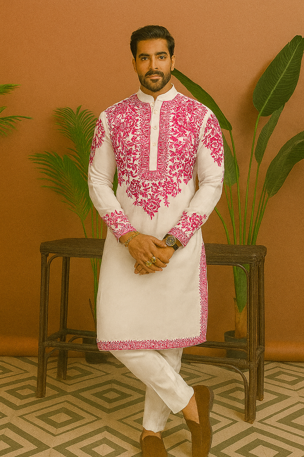 Side pose of men’s Japanese fabric designer kurta set with pink embroidery