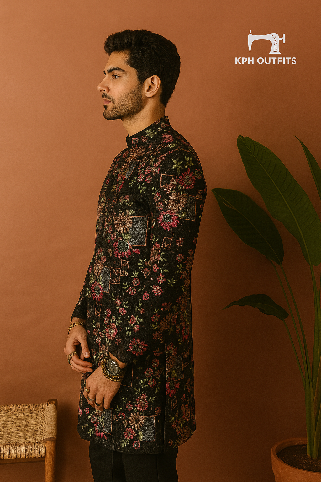 Side pose showcasing Indo-western jacket embroidery