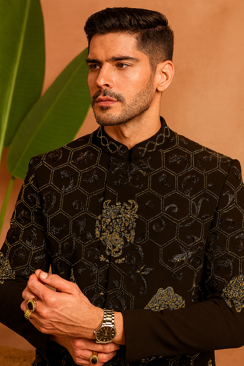 Side profile close-up of Black Handcrafted Sherwani embroidery