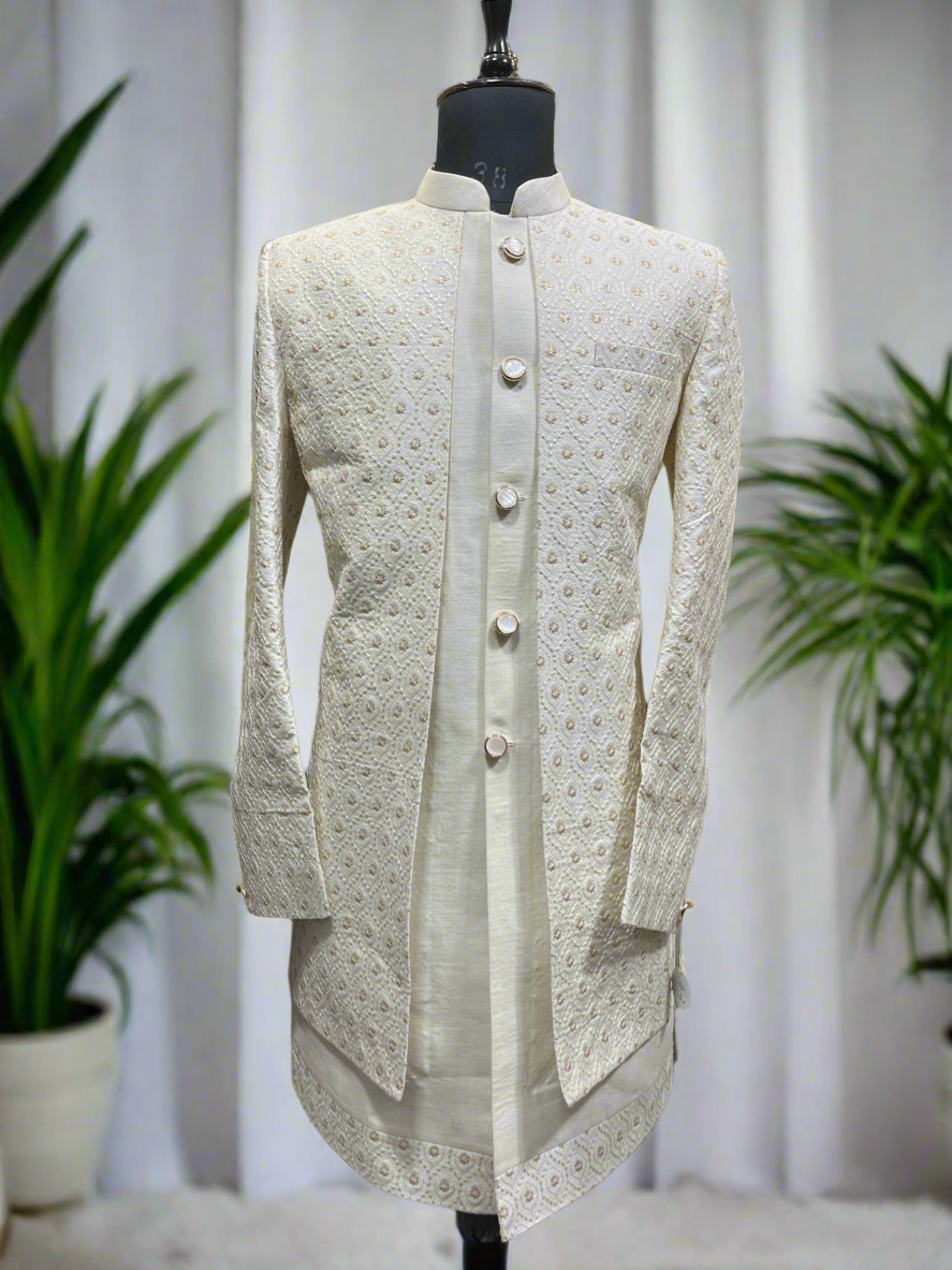 Side profile highlighting the sleek tailoring and fit.
