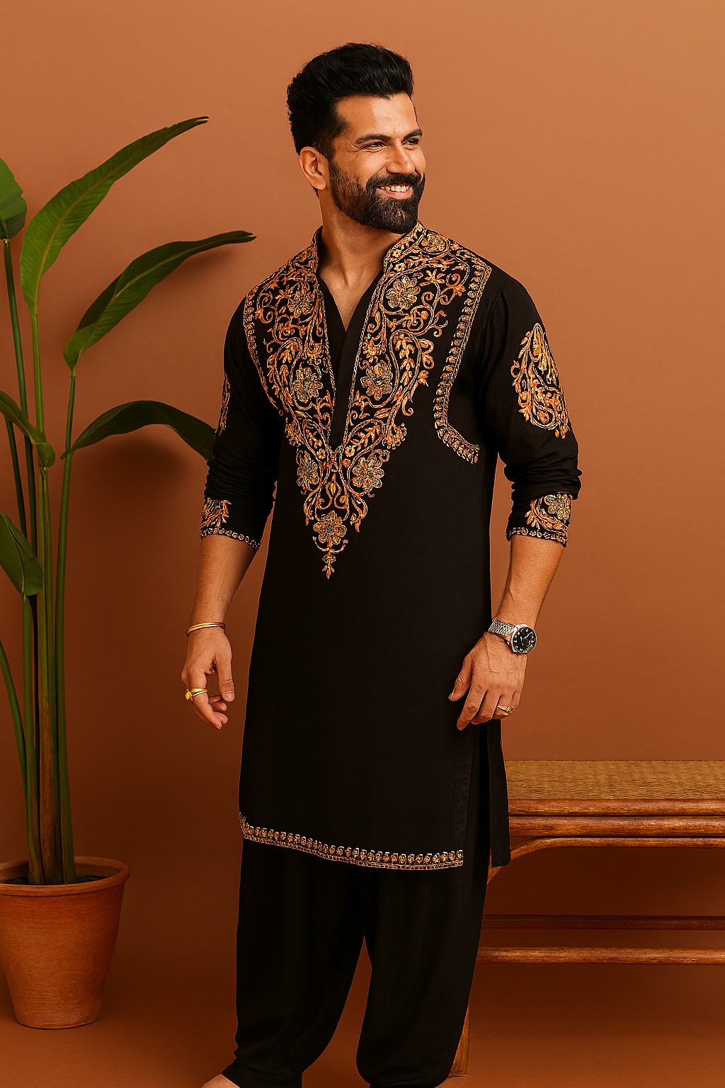 Side profile of Celebrity Inspired Designer Embellished Kurta Set – luxury handcrafted black kurta with gold embroidery