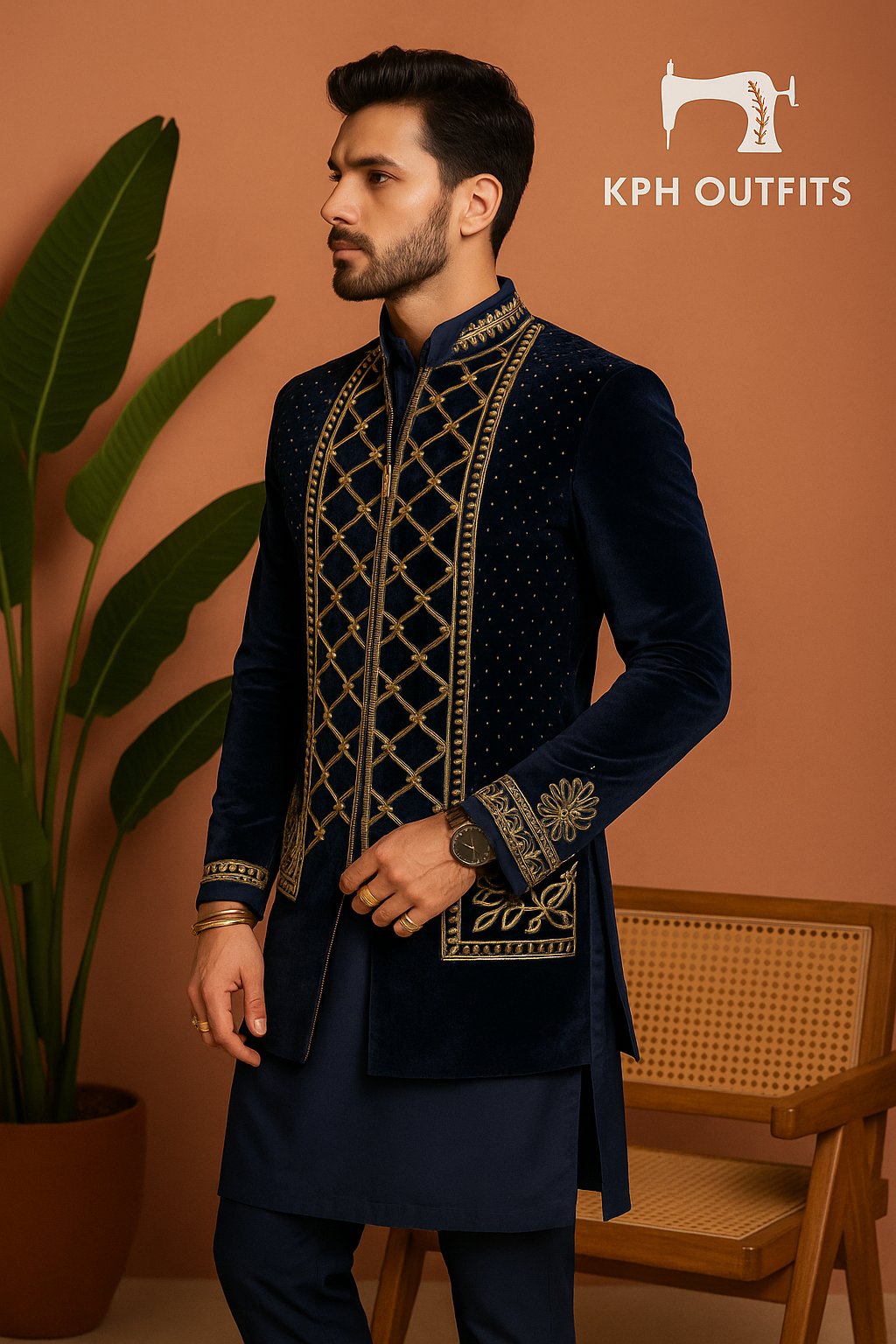 Side profile of Designer Navy Blue Jodhpuri with Gold Detailing