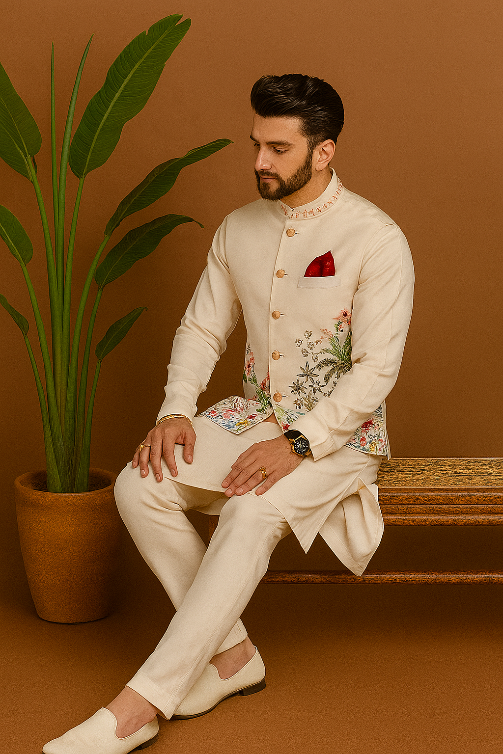 “Side profile of Ivory Silk Multi Colour Embellished Bundi Set – elegant silk kurta pant with ivory bundi”