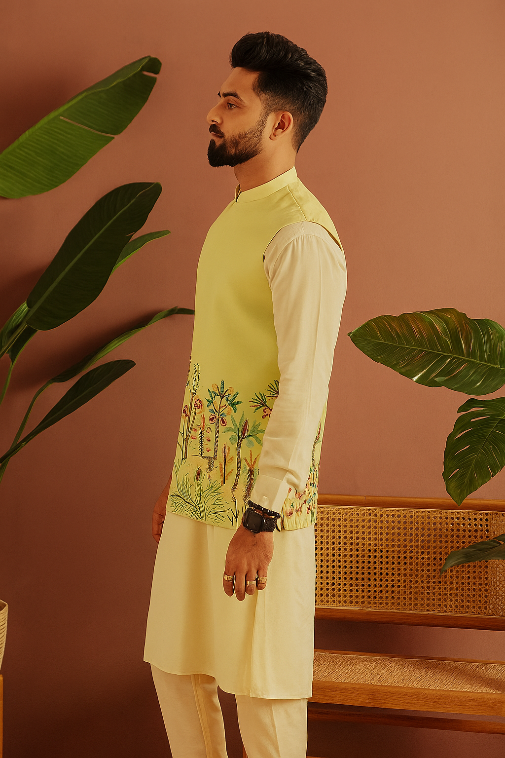 “Side profile of Men’s Exclusive Designer Bundi Set – handcrafted kurta pant and Bundi”