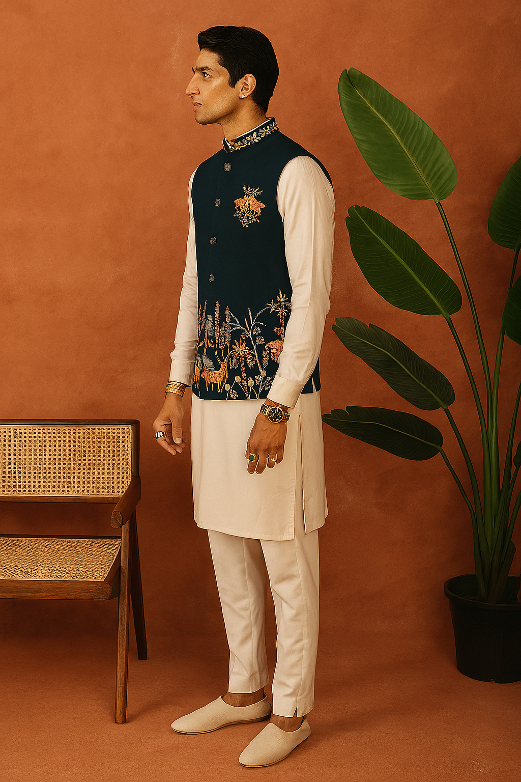 Side profile of Men’s Exclusive Designer Navy Blue Bundi Set – elegant navy silk bundi with kurta pant