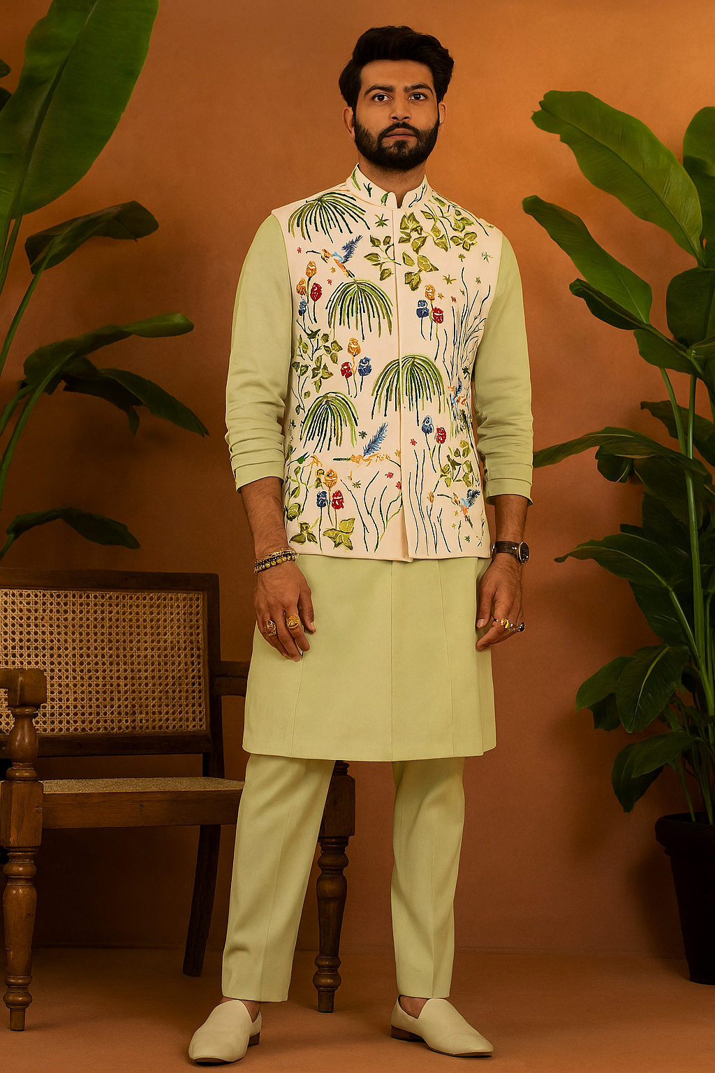 “Side profile of Men’s Exclusive Designer Stylish Waistcoat Set – premium silk with intricate embroidery”