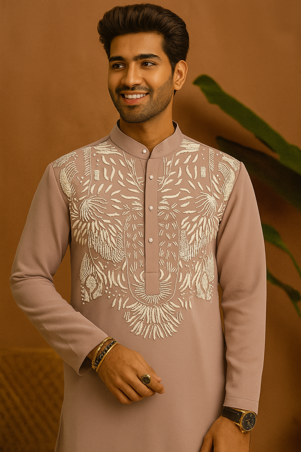 Side profile of Peach Armani Japanese Fabric Kurta for men