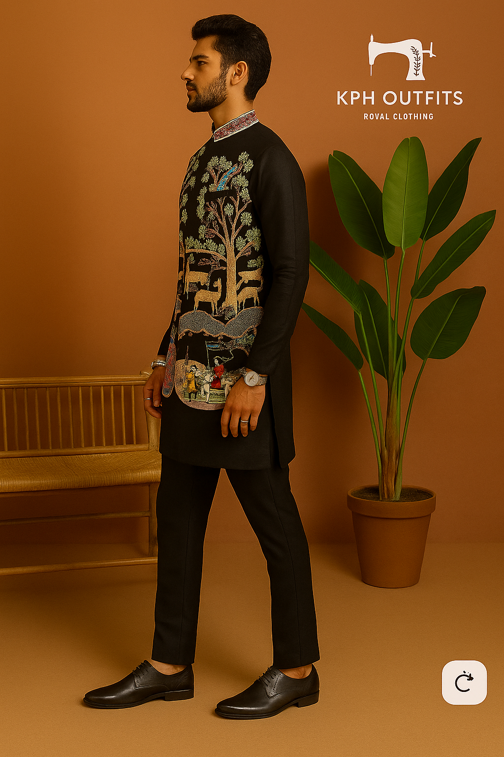 Side profile of men’s black Bundi outfit with colourful embroidery