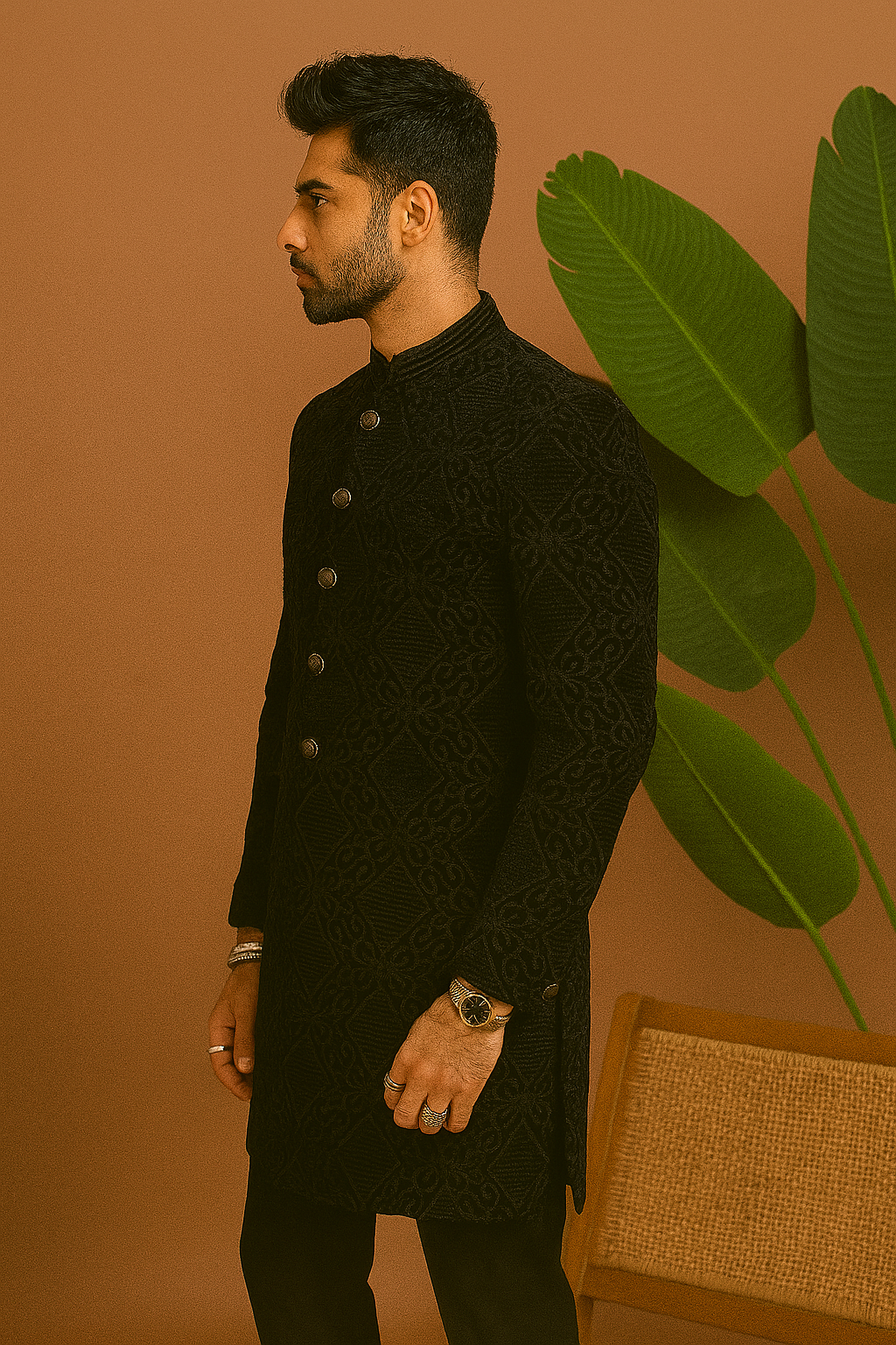 “Side profile showcasing Men’s Black Velvet Designer Indo-Western Set – designer Indo jacket and pant”