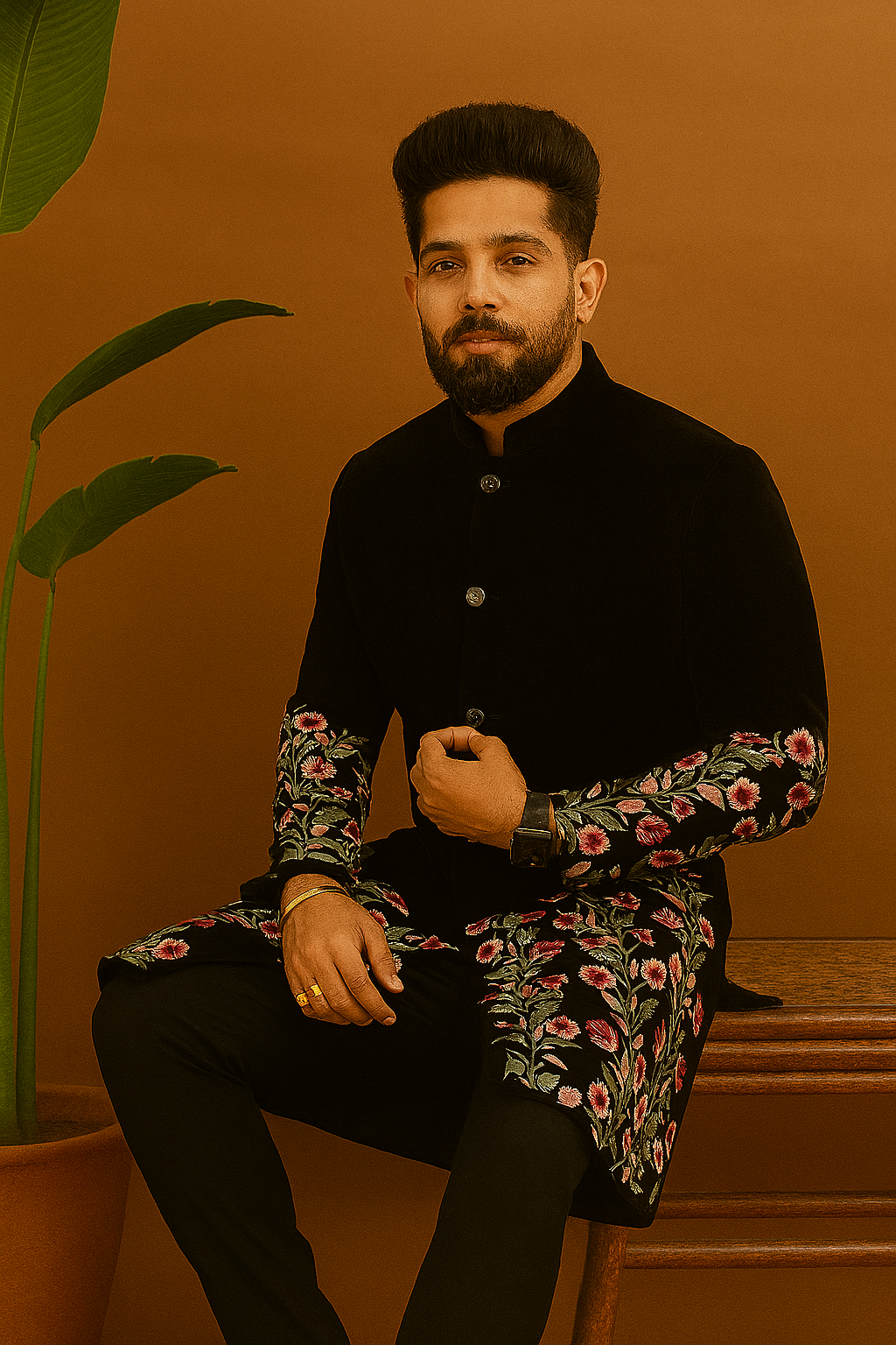 “Side profile showcasing Men’s Exclusive Multi-Colour Floral Embellished Indo-Western Set – designer Indo jacket and pant”
